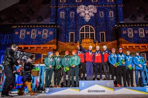 190316 Erik Lesser, Roman Rees, Arnd Peiffer and Benedikt Doll of Germany, Johannes Thingnes Bo, Vetle Sjastad Christiansen, Tarjei Bo and Johannes Thingnes Bo of Norway, Matvey Eliseev, Nikita Porshnev, Dmitry Malyshko and Alexander Loginov of Russia celebrate during the medal ceremony for the Men s 4x7,5 km Relay during the IBU World Championships Biathlon on March 16, 2019 in Östersund. Photo: Petter Arvidson BILDBYRAN kod PA 92270 Copyright: PETTERxARVIDSON BB190316PA191