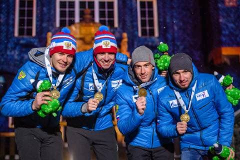 190316 Matvey Eliseev, Nikita Porshnev, Dmitry Malyshko and Alexander Loginov of Russia celebrate during the medal ceremony for the Men s 4x7,5 km Relay during the IBU World Championships Biathlon on March 16, 2019 in Östersund. Photo: Petter Arvidson BILDBYRAN kod PA 92270 Copyright: PETTERxARVIDSON BB190316PA192
