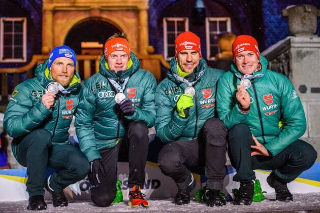 Sport Themen der Woche KW11 Sport Bilder des Tages 190316 Erik Lesser, Roman Rees, Arnd Peiffer and Benedikt Doll of Germany, celebrate during the medal ceremony for the Men s 4x7,5 km Relay during the IBU World Championships Biathlon on March 16, 2019 in Östersund. Photo: Petter Arvidson BILDBYRAN kod PA 92270 *** 190316 Erik Lesser Roman Rees Arnd Peiffer and Benedikt Doll of Germany celebrate during the medal ceremony for the Men s 4x7 5 km Relay during the IBU World Championships Biathlon on March 16 2019 in Östersund Photo Petter Arvidson BILDBYRAN kod PA 92270,  Copyright: PETTERxARVIDSON BB190316PA193