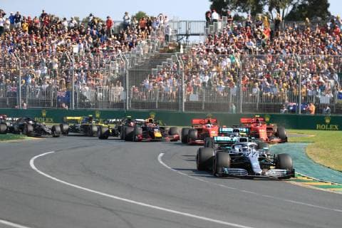 17th March 2019, Melbourne Grand Prix Circuit, Melbourne, Australia; Melbourne Formula One Grand Prix, race day; Mercedes AMG Petronas Motorsport, Valtteri Bottas leads into turn one after Lewis Hamilton started on pole  ActionPlus12116111 Octane