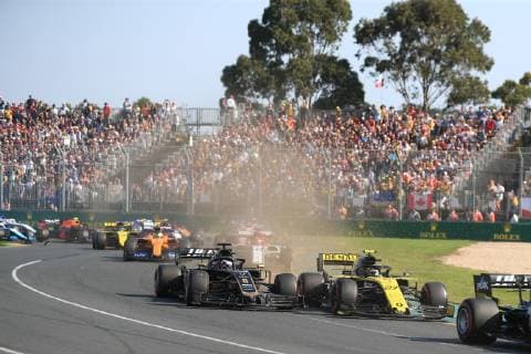 17th March 2019, Melbourne Grand Prix Circuit, Melbourne, Australia; Melbourne Formula One Grand Prix, race day; Rich Energy Haas F1 Team, Romain Grosjean and Renault F1 Team, Nico Hulkenberg  ActionPlus12116113 Octane