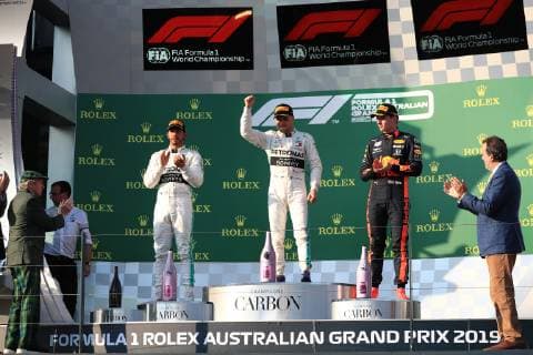 17th March 2019, Melbourne Grand Prix Circuit, Melbourne, Australia; Melbourne Formula One Grand Prix, race day; Mercedes AMG Petronas Motorsport, Valtteri Bottas wins first race of the year followed by his team mate Lewis Hamilton and Aston Martin Red Bull Racing, Max Verstappen  ActionPlus12116138 Octane
