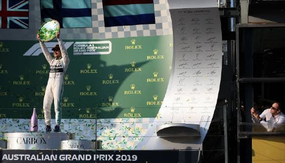 (190317) -- MELBOURNE, March 17, 2019 -- First-placed Mercedes driver Valtteri Bottas of Finland celebrates during the awarding ceremony of Formula 1 Australian Grand Prix 2019 at the Albert Park in Melbourne, Australia, March 17, 2019. ) (SP)AUSTRALIA-MELBOURNE-F1-GRAND PRIX 2019 BAIxXUEFEI 