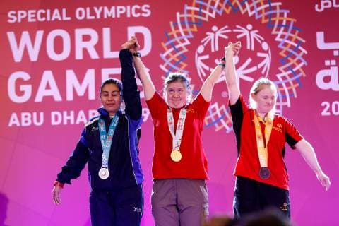March 17, 2019 - Abu Dhabi, United Arab Emirates - Athletes show their emotions when receiving their medals during declaration ceremony at the Special Olympics World Games in Abu Dhabi National Exhibition Centre. Special Olympics is a worldwide organization which organize sports competitions for people with learning difficulties. Summer World Games take place every 4 years. 7500 athletes from nearly 200 countries compete in 24 Olympic disciplines in Abu Dhabi Games in 2019. Special Olympics In Abu Dhabi 2019  - ZUMAn230 20190317_zaa_n230_721 Copyright: xDominikaxZarzyckax