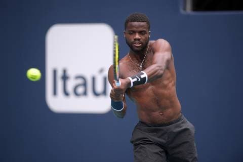 March 17, 2019 - Miami Gardens, Florida, United States Of America - MIAMI GARDENS, FL - MARCH 17: Frances Tiafoe on the practice court prior to the start of the Miami Open Tennis Tournament at Hard Rock Stadium on March 17, 2019 in Miami Gardens, Florida...People: Frances Tiafoe. Miami Open - Practice Court - ZUMAs214 20190317_zda_s214_011 Copyright: xSMGx