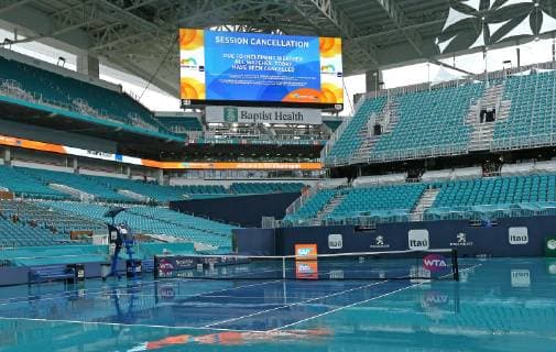 March 19, 2019 - Miami Gardens, FL, USA - A view of the rain falling over the stadium during second day of the Miami Open tennis tournament on Tuesday, March 19, 2019 at Hard Rock Stadium in Miami Gardens, Fla. Tuesday s matches (Session 2) at the Miami Open have been cancelled due to inclement weather. Miami Open matches canceled - ZUMAm67_ 20190319_zaf_m67_003 Copyright: xDavidxSantiagox