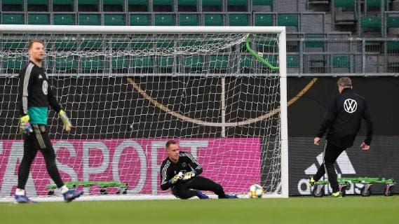 Manuel Neuer,Torwart Marc Andre ter Stegen,Bundestorwarttrainer Andreas Köpke (v.li.,Deutschland) - Training Deutsche Nationalmannschaft in der Volkswagen Arena in Wolfsburg - Deutschland, Fussball, Mann, Maenner,19.03.2019