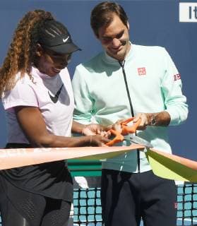 Tennis stars Roger Federer and Serena Williams participate in the ribbon cutting ceremony on the center court of the new home of the Miami Open at the Hard Rock Stadium in Miami Gardens, Florida on March 20, 2019.  MIA20190320102 GARYxIxROTHSTEIN