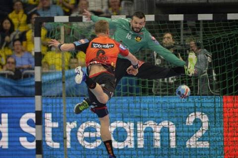 Rhein Neckar Loewen - HBC Nantes Rhein Neckar Loewe Gudjon Valur Sigurdsson (Nr.9) gegen Nantes beim Spiel in der Champions League Achtelfinale, Rhein Neckar Loewen - HBC Nantes. Mannheim. 20.03.19 Handball Achtelfinale Champions League , Mannheim Baden Wuerttemberg Deutschland SAP Arena