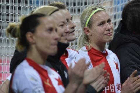 KATERINA SVITKOVA of Slavia (right) celebrates after scoring and draw 1:1 after the UEFA Women s Champions League match Slavia Praha vs Bayern Munich, in Prague, Czech Republic, March 20, 2019. (CTKxPhoto MichaelaxRihova) CTKPhotoP201903201058101  mir 9