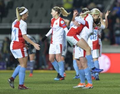 Front left KATERINA SVITKOVA of Slavia celebrates a goal during the UEFA Women s Champions League match Slavia Praha vs Bayern Munich, in Prague, Czech Republic, March 20, 2019. (CTKxPhoto MichaelaxRihova) CTKPhotoP201903201061001  mir 11