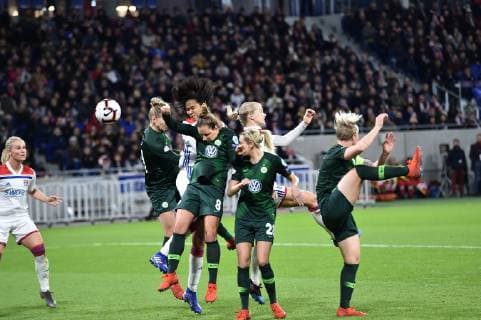 Wendie Renard et Ada Hegerberg (lyon) vs Babeth Peter et Lena Goessling (wolfsburg) FOOTBALL : Lyon vs Wolfsburg - 1 4 de finale ligue des champions feminine - 20 03 2019 FredericChambert Panoramic 