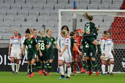 Joie de Caroline Graham Hansen et Alexandra Popp (wolfsburg) FOOTBALL : Lyon vs Wolfsburg - 1 4 de finale ligue des champions feminine - 20 03 2019 FredericChambert Panoramic 