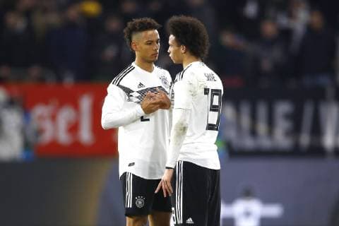 20.03.2019, Volkswagen Arena, Wolfsburg, Testspiel, Deutschland (GER) vs Serbien (SRB), im Bild Thilo Kehrer (2, Deutschland) und Leroy Sane (19, Deutschland) nach dem Spiel (Wichtiger Hinweis: Der DFB untersagt die Verwendung von Sequenzbildern im Internet und in Online-Medien waehrend des Spiels (einschließlich Halbzeit). Sperrfrist! Der DFB erlaubt die Publikation und Weiterverwertung der Bilder auf mobilfunkfaehigen Endgeraeten (insbesondere MMS) und ueber DVB-H und DMB erst nach Spielende.) Deutschland vs Serbien