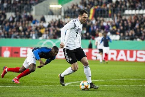 GER, LS DFB U21 U 21 Deutschland vs Frankreich 21.03.2019, Stadion Essen, Essen, GER, LS DFB U21, Deutschland vs Frankreich , DFB REGULATIONS PROHIBIT ANY USE OF PHOTOGRAPHS AS IMAGE SEQUENCES AND OR QUASI-VIDEO im Bild picture shows: Levin Oeztunali (DFB U21 7) trifft zum 1:0,