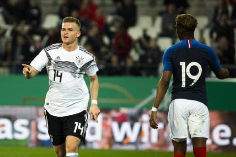 GER, LS DFB U21 U 21 Deutschland vs Frankreich 21.03.2019, Stadion Essen, Essen, GER, LS DFB U21, Deutschland vs Frankreich , DFB REGULATIONS PROHIBIT ANY USE OF PHOTOGRAPHS AS IMAGE SEQUENCES AND OR QUASI-VIDEO im Bild picture shows: Maximilian Mittelstaedt (DFB U21 14) jubelt über sein Tor zum 2:0,