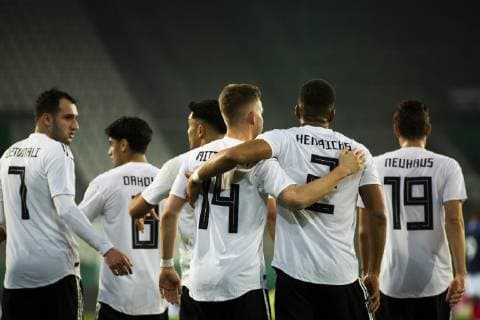 GER, LS DFB U21 U 21 Deutschland vs Frankreich 21.03.2019, Stadion Essen, Essen, GER, LS DFB U21, Deutschland vs Frankreich , DFB REGULATIONS PROHIBIT ANY USE OF PHOTOGRAPHS AS IMAGE SEQUENCES AND OR QUASI-VIDEO im Bild picture shows: Maximilian Mittelstaedt (DFB U21 14) jubelt mit Benjamin Henrichs (DFB U21 2) über sein Tor zum 2:0,