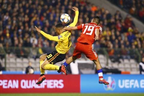 BRUSSELS, BELGIUM - MARCH 21 :Youri Tielemans midfielder of Belgium and Ilzat Akhmetov midfielder of Russia FOOTBALL : Belgique vs Russie - Qualification Euro 2020 - 21 03 2019 PhotoNews Panoramic  775317875
