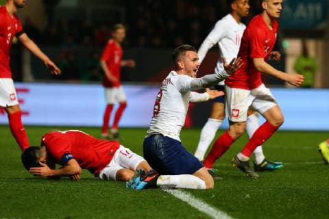 James Maddison of England U21s appeals for a penalty during the International Friendly Länderspiel match between England U21 U 21 and Poland U21 at Ashton Gate, Bristol, England on 21 March 2019. Copyright: xDavexPetersx 23440005