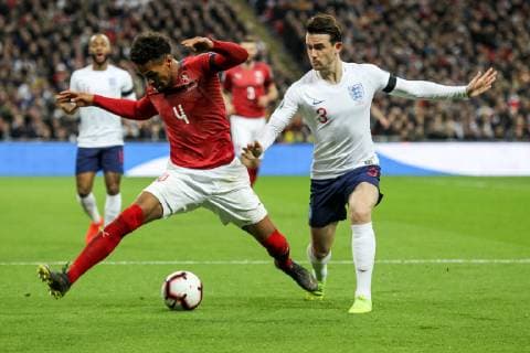 Theodor Gebre Selassie of Czech Republic and Ben Chilwell of England challenge for the ball during the UEFA EURO EM Europameisterschaft Fussball Qualifier EM Europameisterschaft Group A match between England and Czech Republic at Wembley Stadium, London, England on 22 March 2019. Copyright: xKenxSparksx 23420007