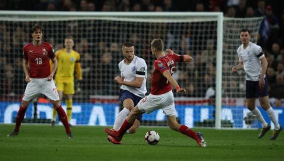 Eric Dier (E) clashes with Tomas Soucek (CR), injuring his foot in the England v Czech Republic EUFA Euro 2020 Qualifier, at Wembley Stadium, UK on March 22, 2019. **Editorial use only, license required for commercial use. No use in betting, games or a single club league player publications** 