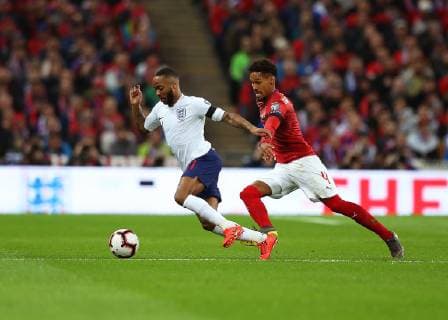 22nd March 2019, Wembley Stadium, London, England; UEFA European Championships Qualification football, England versus Czech Republic; Raheem Sterling of England is marked by Theodor Gebre Selassie of Czech Republic  ActionPlus12116785 JohnxPatrickxFletcher