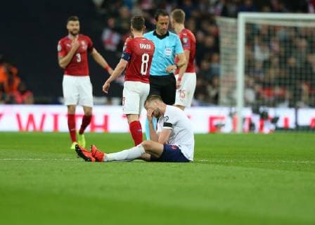 22nd March 2019, Wembley Stadium, London, England; UEFA European Championships Qualification football, England versus Czech Republic; A disappointed Eric Dier of England hands on face as he is injured before being subbed off  ActionPlus12116787 JohnxPatrickxFletcher
