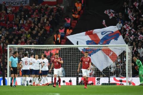 England v Czech Republic UEFA EURO EM Europameisterschaft Fussball 2020 Qualifiers England players celebrate as Raheem Sterling scores the opening goal during the UEFA Euro 2020 Qualifiers match at Wembley Stadium, London Content Not Available For UK Newspapers Copyright: xMartynxHaworthx FIL-13025-0017