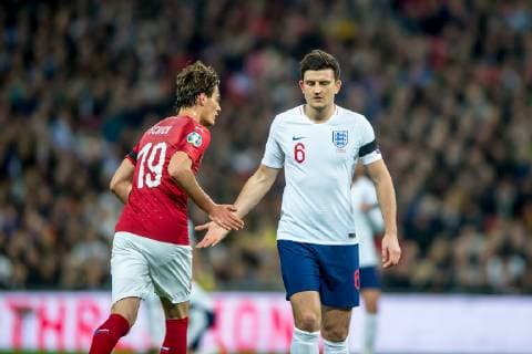 Harry Maguire of England and Patrik Schick of Czech Republic during the UEFA EURO EM Europameisterschaft Fussball Qualifier EM Europameisterschaft Group A match between England and Czech Republic at Wembley Stadium, London, England on 22 March 2019. Copyright: xSalvioxCalabresex 23430006