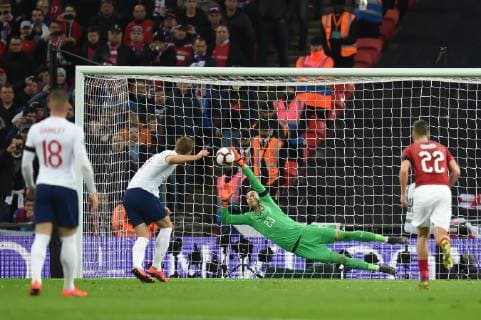 England v Czech Republic UEFA EURO EM Europameisterschaft Fussball 2020 Qualifiers Czech Republic Goalkeeper JiÅ?i Pavlenka is unable to prevent Harry Kane of England scoring from the penalty spot to make it 2:0 during the UEFA Euro 2020 Qualifiers match at Wembley Stadium, London Content Not Available For UK Newspapers Copyright: xMartynxHaworthx FIL-13025-0027
