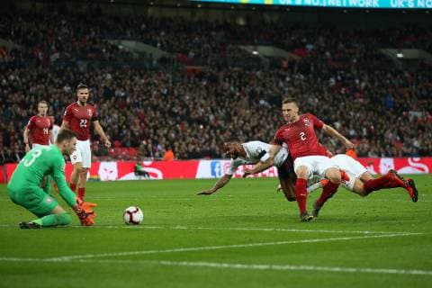 England v Czech Republic UEFA EURO EM Europameisterschaft Fussball 2020 Qualifiers Raheem Sterling of England is fouled by Pavel Kaderabek of Czech Republic and Tomas Kalas of Czech Republic and Referee Artur Manuel Ribeiro Soares Dias (POR) awards England a penalty during the UEFA Euro 2020 Qualifiers match at Wembley Stadium, London Content Not Available For UK Newspapers Copyright: xPaulxChestertonx FIL-13024-0045