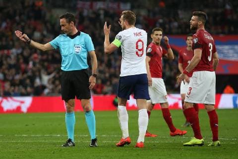 England v Czech Republic UEFA EURO EM Europameisterschaft Fussball 2020 Qualifiers Raheem Sterling of England is fouled by Pavel Kaderabek of Czech Republic and Tomas Kalas of Czech Republic and Referee Artur Manuel Ribeiro Soares Dias (POR) awards England a penalty during the UEFA Euro 2020 Qualifiers match at Wembley Stadium, London Content Not Available For UK Newspapers Copyright: xPaulxChestertonx FIL-13024-0048