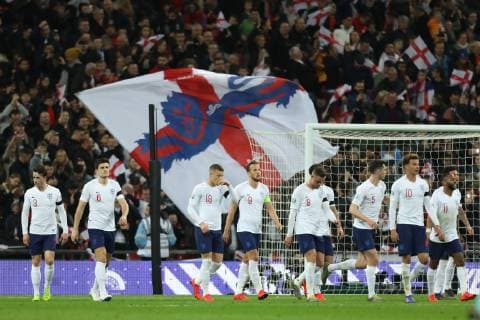 22nd March 2019, Wembley Stadium, London, England; UEFA European Championships Qualification football, England versus Czech Republic; Harry Kane of England celebrates with team mates as he scores for 2-0 from a penalty in the 45th minute  ActionPlus12116834 ShaunxBrooks