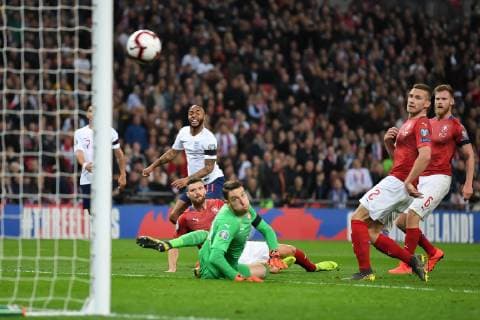 England v Czech Republic UEFA EURO EM Europameisterschaft Fussball 2020 Qualifiers Raheem Sterling of England bends the ball around Czech Republic Goalkeeper JiÅ?i Pavlenka to make it 3:0 during the UEFA Euro 2020 Qualifiers match at Wembley Stadium, London Content Not Available For UK Newspapers Copyright: xMartynxHaworthx FIL-13025-0034