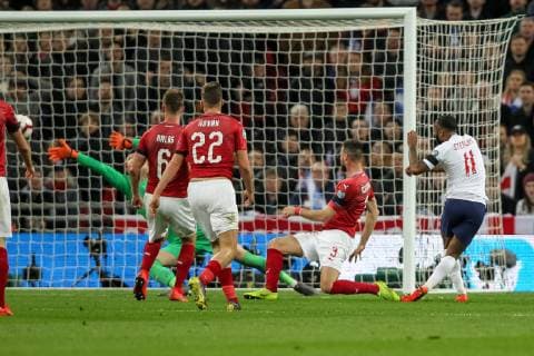 Raheem Sterling of England scores his second goal to make it 3-0 during the UEFA EURO EM Europameisterschaft Fussball Qualifier EM Europameisterschaft Group A match between England and Czech Republic at Wembley Stadium, London, England on 22 March 2019. Copyright: xKenxSparksx 23420031