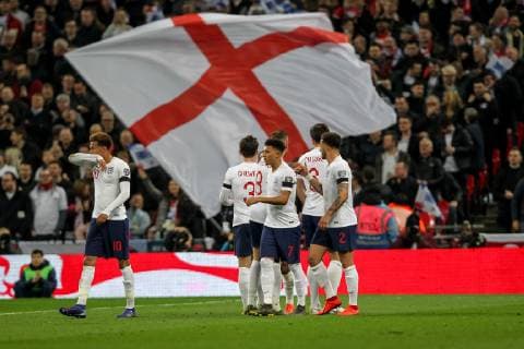 Raheem Sterling of England scores his second goal to make it 3-0 and celebrates during the UEFA EURO EM Europameisterschaft Fussball Qualifier EM Europameisterschaft Group A match between England and Czech Republic at Wembley Stadium, London, England on 22 March 2019. Copyright: xKenxSparksx 23420035