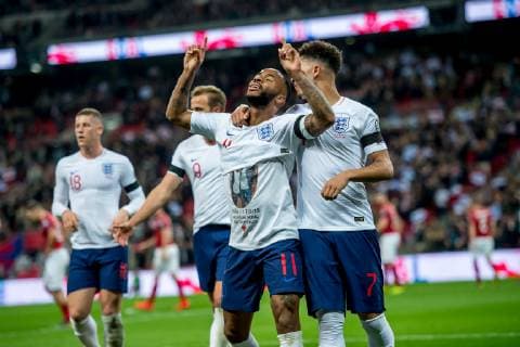 Raheem Sterling of England celebrates scoring his goal to make it 3-0 during the UEFA EURO EM Europameisterschaft Fussball Qualifier EM Europameisterschaft Group A match between England and Czech Republic at Wembley Stadium, London, England on 22 March 2019. Copyright: xSalvioxCalabresex 23430025