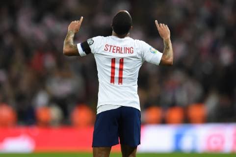 England v Czech Republic UEFA EURO EM Europameisterschaft Fussball 2020 Qualifiers Raheem Sterling of England completes his hatrick and makes it 4:0 during the UEFA Euro 2020 Qualifiers match at Wembley Stadium, London Content Not Available For UK Newspapers Copyright: xMartynxHaworthx FIL-13025-0037