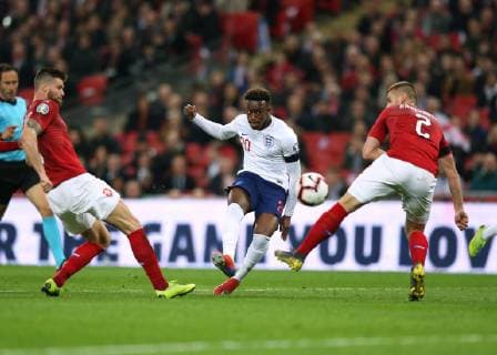 22nd March 2019, Wembley Stadium, London, England; UEFA European Championships Qualification football, England versus Czech Republic; Callum Hudson-Odoi of England taking a shot which lead to Tomas Kalas of Czech Republic scoring an own goal in the 84th minute to make it 5-0  ActionPlus12116921 JohnxPatrickxFletcher