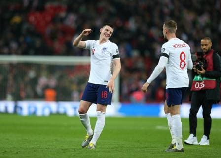 22nd March 2019, Wembley Stadium, London, England; UEFA European Championships Qualification football, England versus Czech Republic; Declan Rice of England celebrates after full time with Jordan Henderson of England  ActionPlus12116923 JohnxPatrickxFletcher