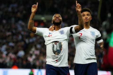 22nd March 2019, Wembley Stadium, London, England; UEFA European Championships Qualification football, England versus Czech Republic; Raheem Sterling of England celebrates as he scores his second or 3-0  ActionPlus12116931 ShaunxBrooks