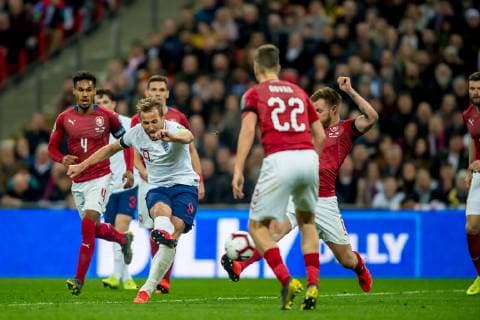 Harry Kane of England takes a shot at goal during the UEFA EURO EM Europameisterschaft Fussball Qualifier EM Europameisterschaft Group A match between England and Czech Republic at Wembley Stadium, London, England on 22 March 2019. Copyright: xSalvioxCalabresex 23430072