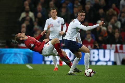 England v Czech Republic UEFA EURO EM Europameisterschaft Fussball 2020 Qualifiers Matej Vydra of Czech Republic is fouled by Jordan Henderson of England during the UEFA Euro 2020 Qualifiers match at Wembley Stadium, London Content Not Available For UK Newspapers Copyright: xPaulxChestertonx FIL-13024-0166