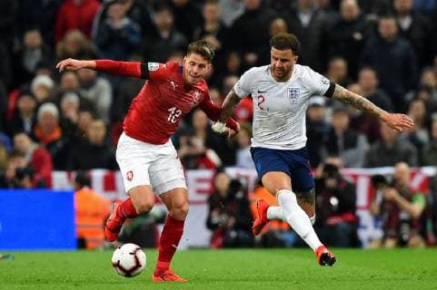 March 22, 2019 - London, England, United Kingdom - Czech Republic midfielder Lukas Masopust battles with England defender Kyle Walker during the UEFA European Championship EM Europameisterschaft Group A Qualifying match between England and Czech Republic at Wembley Stadium, London on Saturday 23rd March 2019. England v Czech Republic - UEFA EURO EM Europameisterschaft Fussball 2020 Qualifier  - ZUMAn230 20190322_zaa_n230_879 Copyright: xMixNewsx