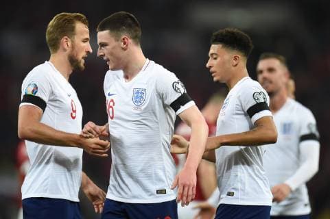 England v Czech Republic UEFA EURO EM Europameisterschaft Fussball 2020 Qualifiers Declan Rice, Harry Kane and Jadon Sancho of England during the UEFA Euro 2020 Qualifiers match at Wembley Stadium, London Content Not Available For UK Newspapers Copyright: xMartynxHaworthx FIL-13025-0106