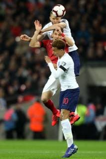 22nd March 2019, Wembley Stadium, London, England; UEFA European Championships Qualification football, England versus Czech Republic; Eric Dier of England wins a header against David Pavelka of the Czech Republic  ActionPlus12116978 ShaunxBrooks
