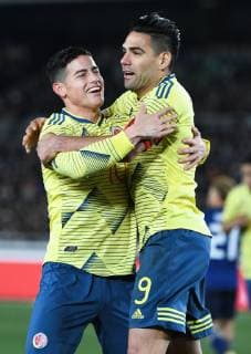 March 22, 2019 - Tokyo, Japan - Forward Radamel Falcao of Colombia (right) and Rodrigues celebrate after a Falcao score for the colombian team during the Kirin Challenge Cup 2019 between Colombia and Japan. The game took place at the International Yokohama Stadium in Yokohama Japan. Friday, March 22, 2019. : Colombia vs Japan at the Kirin Challenge Cup - ZUMAt55_ 90300686st Copyright: xRamiroxAgustinxVargasxTabaresx