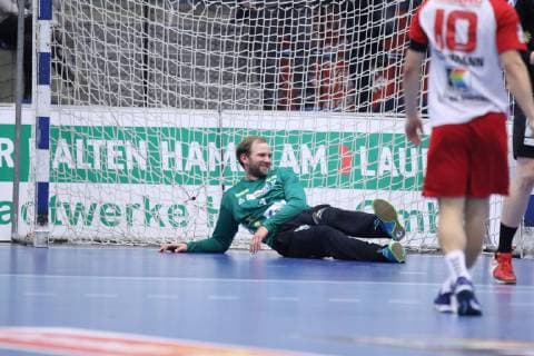 Mikkel Moldrup (HC Rhein Vikings 1) liegt im Tor, ASV Hamm-Westfalen vs HC Rhein Vikings, Handball, 2. Bundesliga, 23.03.2019, ASV Hamm-Westfalen vs HC Rhein Vikings, Handball, 2. Bundesliga, 23.03.2019 Hamm Copyright: xEibner Jan_Strohdiekx EP_JSK