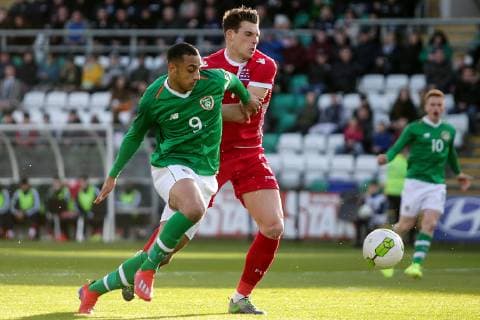 UEFA EURO EM Europameisterschaft Fussball Under 21 Championship Qualifier, Tallaght Stadium, Dublin 24 3 2019 Republic of Ireland vs Luxembourg Ireland s Adam Idah and Kevin D™Anzico of Luxembourg Adam Idah and Kevin D™Anzico 24 3 2019  Copyright: x©INPHO LaszloxGeczox LG2_0159