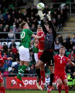 UEFA EURO EM Europameisterschaft Fussball Under 21 Championship Qualifier, Tallaght Stadium, Dublin 24 3 2019 Republic of Ireland vs Luxembourg Ireland s Conor Masterson and Luxembourg goalkeeper Kenan Avdusinovic Conor Masterson and Kenan Avdusinovic 24 3 2019  Copyright: x©INPHO LaszloxGeczox LG2_0057